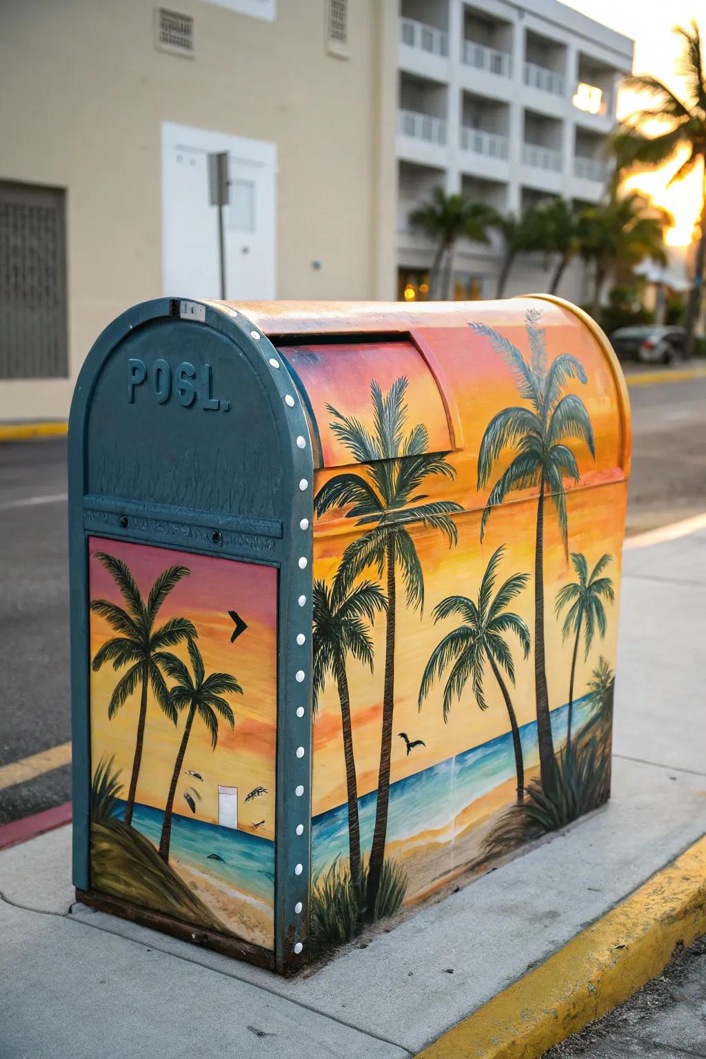 A mailbox painted with a vibrant beach scene.
