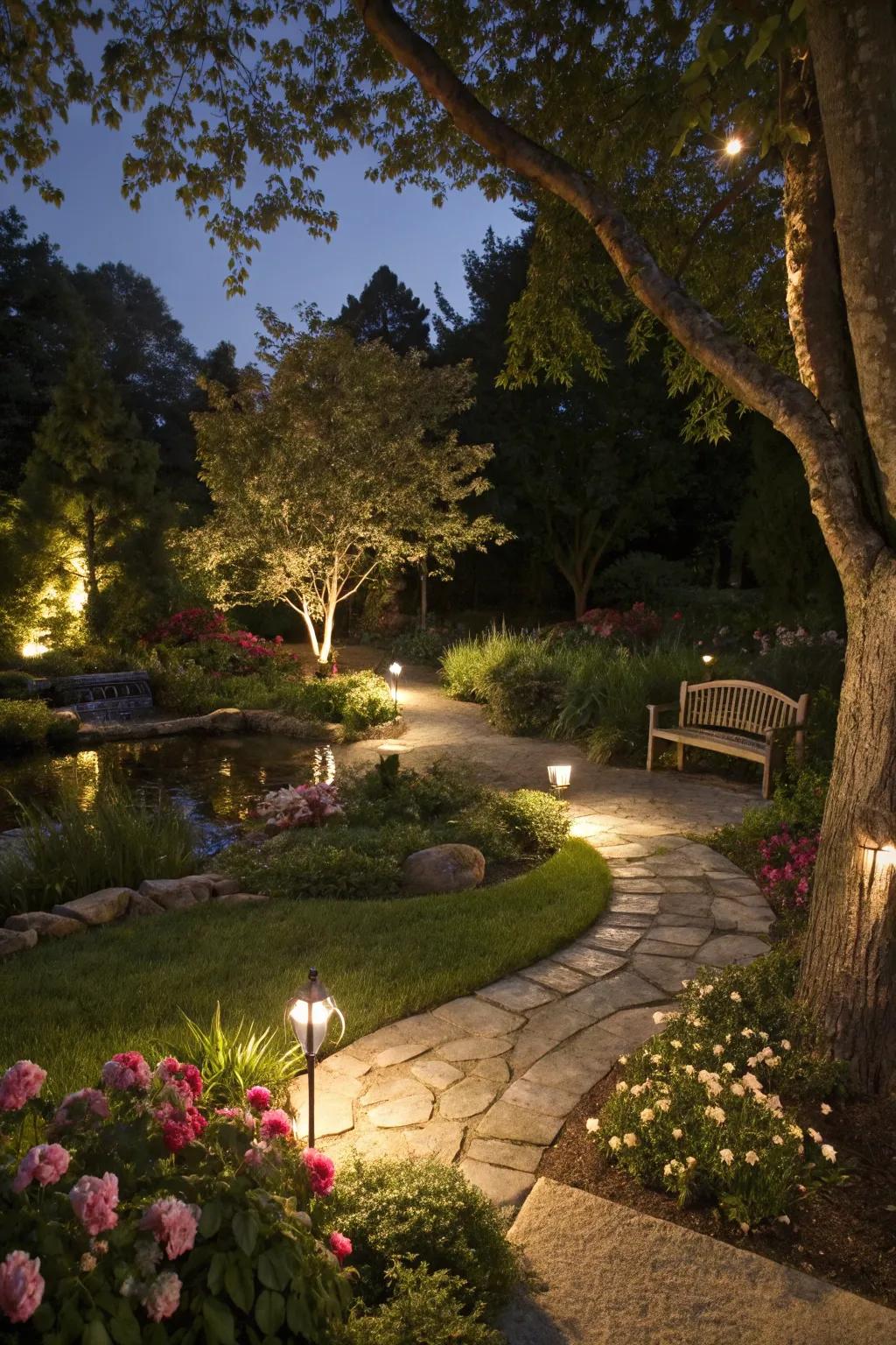Illuminate your garden with strategic lighting for evening ambiance.