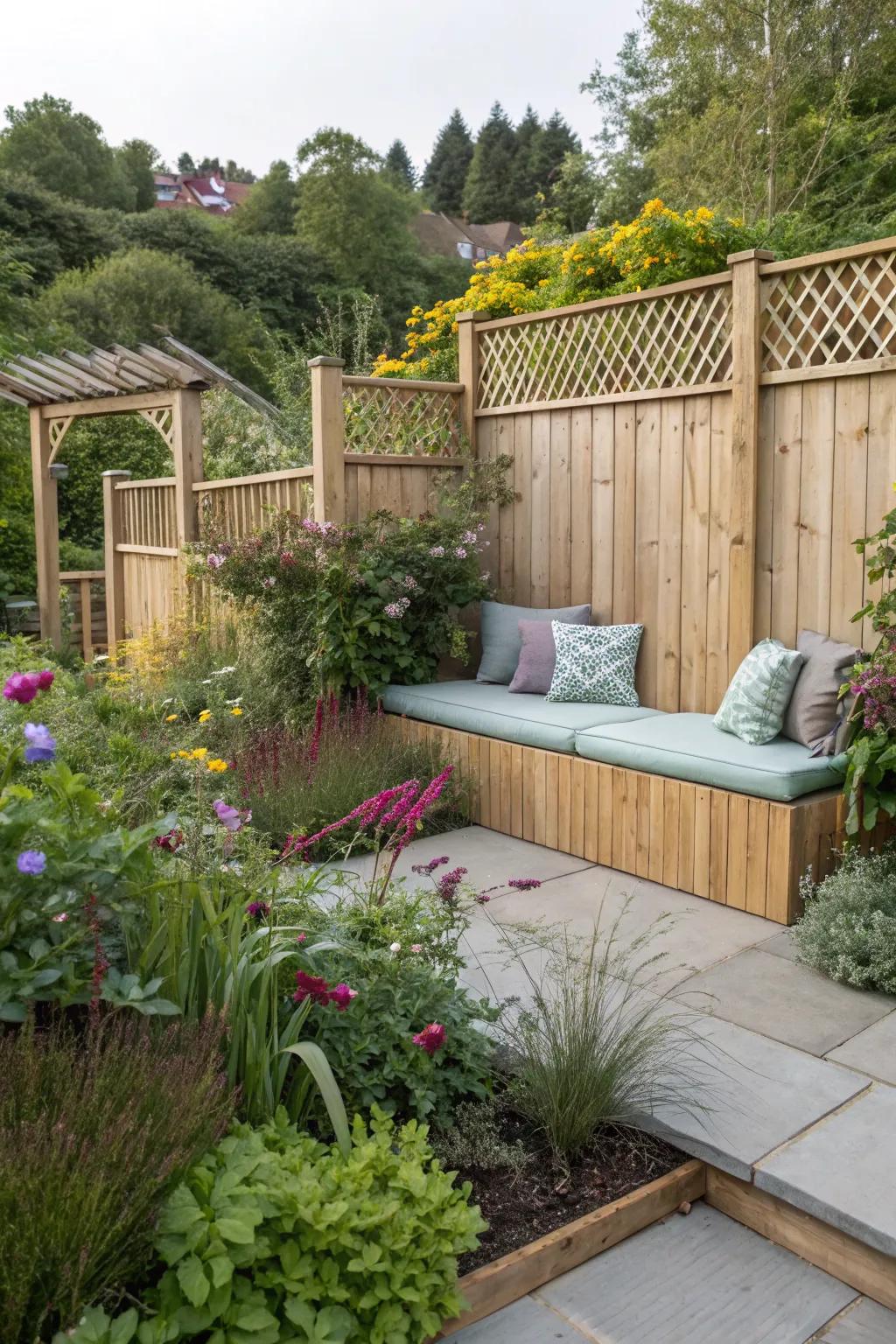 A multifunctional fence design with built-in seating, perfect for relaxation.