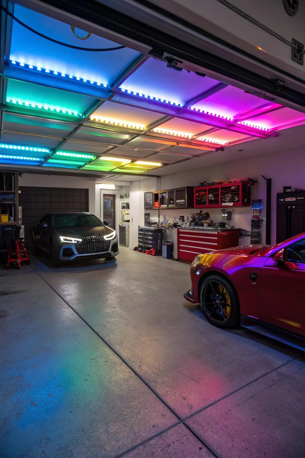 A well-lit garage with innovative lighting solutions.