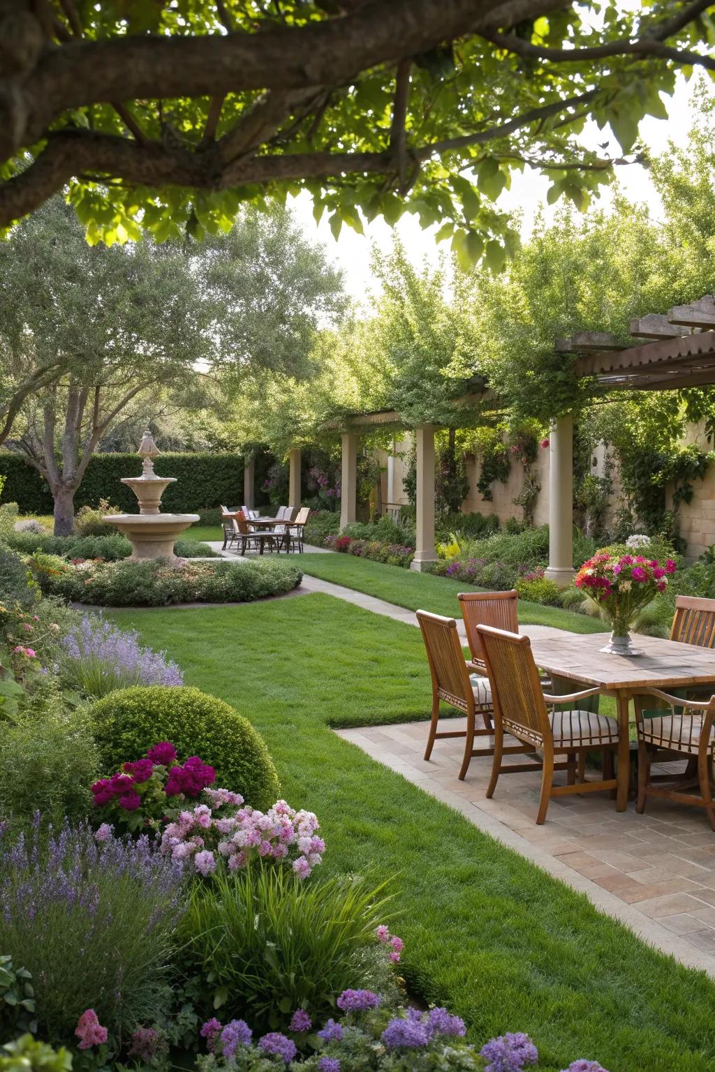 Garden rooms create distinct areas for various activities.