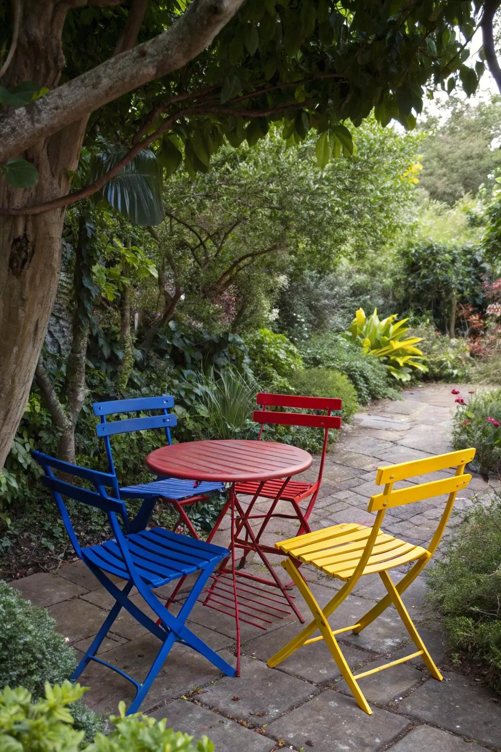 Bold garden furniture bringing vibrancy to a shaded garden space.