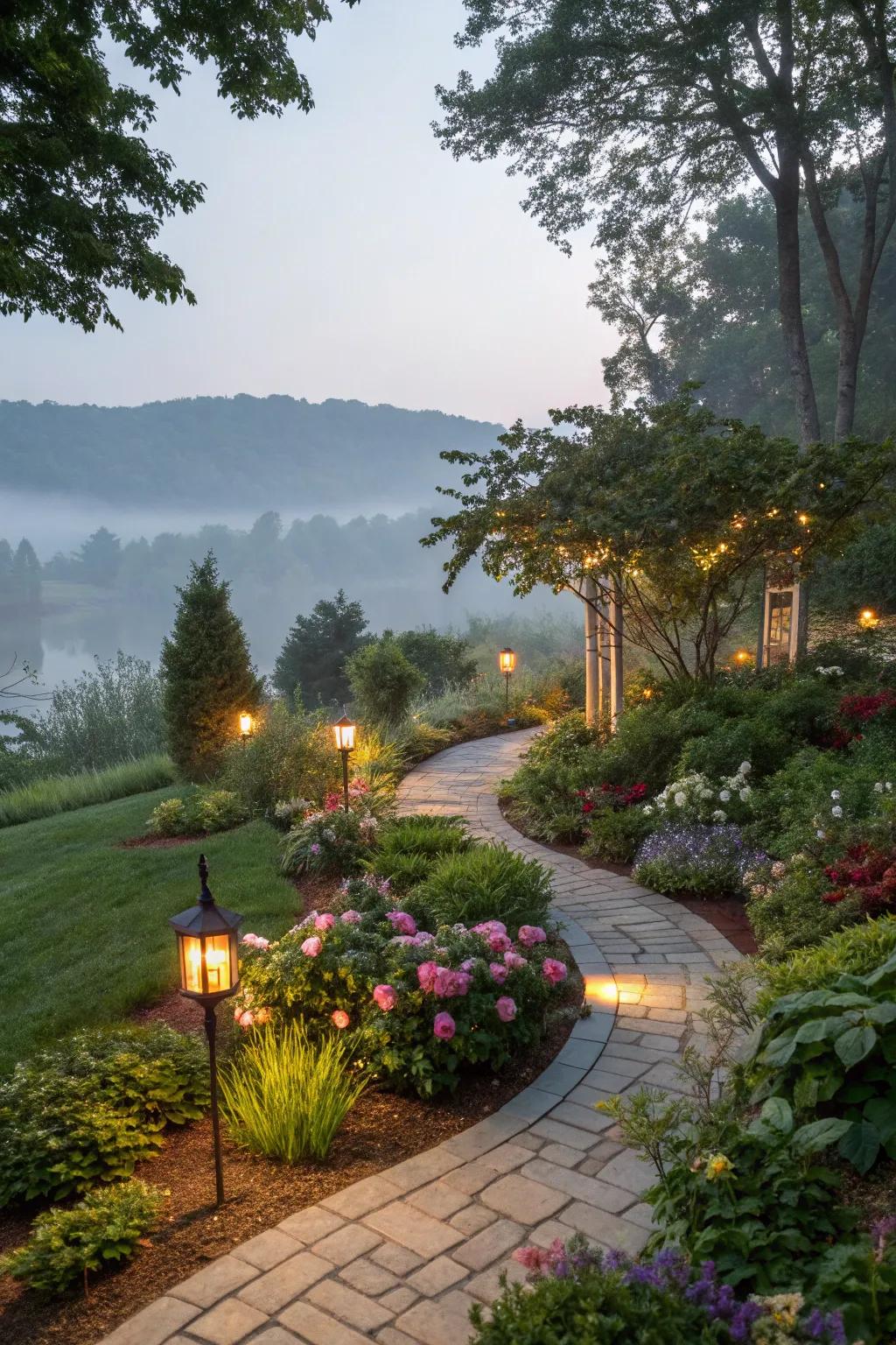 A garden aglow with ambient lighting for evening enjoyment.