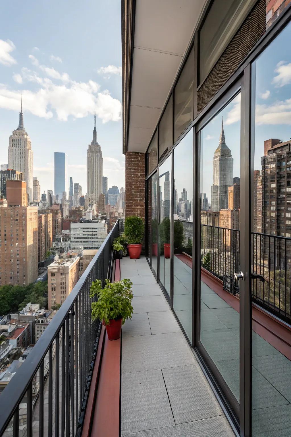 Mirrors make a NYC balcony feel more spacious.