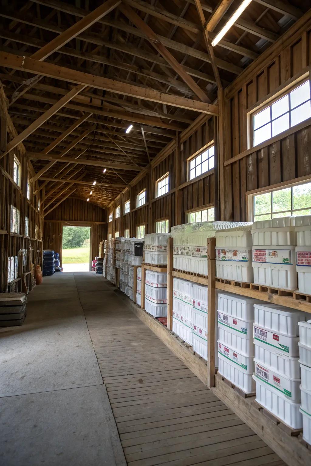 An organized storage space utilizing the barn's rustic charm.