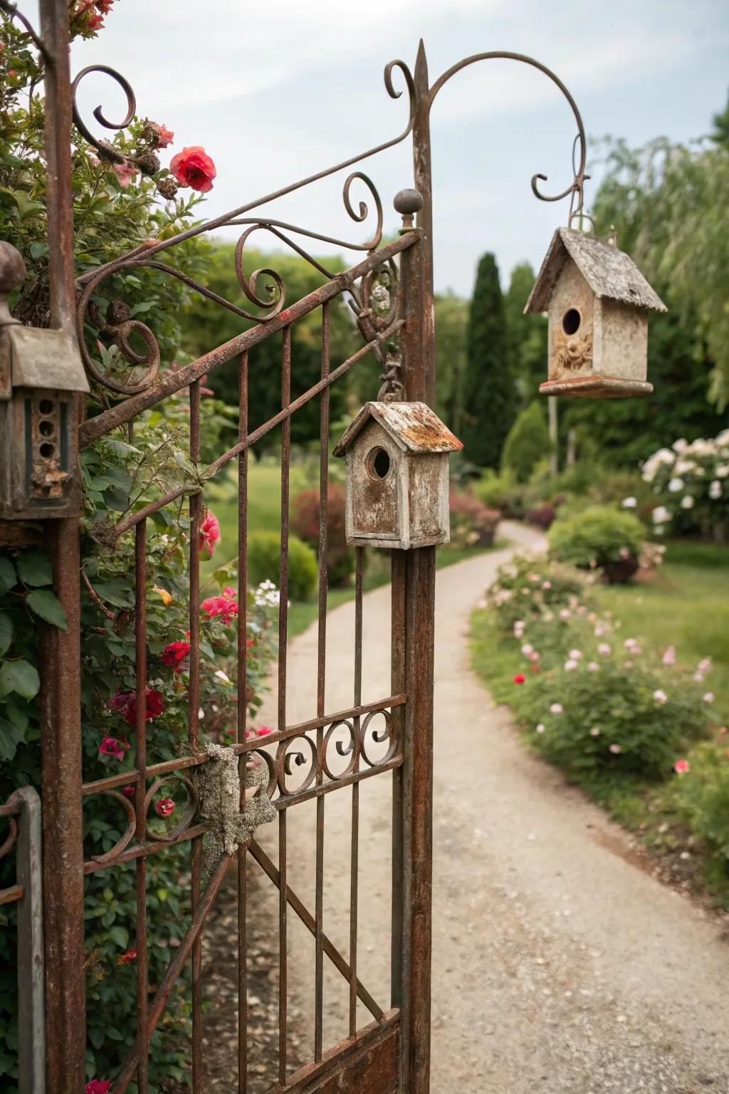 Create a charming birdhouse display with a garden gate.