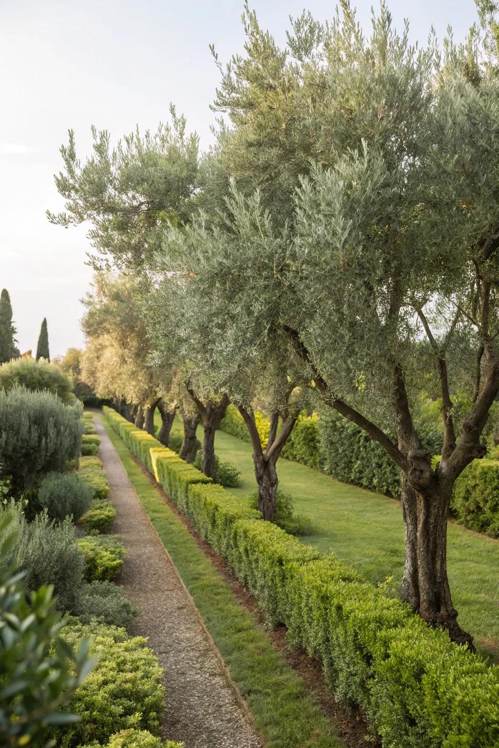 A garden featuring olive trees as a natural privacy hedge.