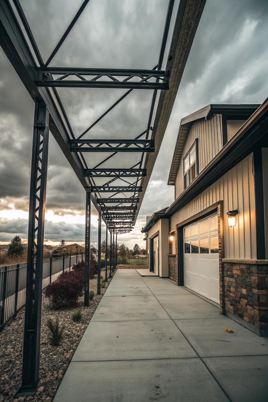 Metal accents add a modern industrial touch to breezeways.