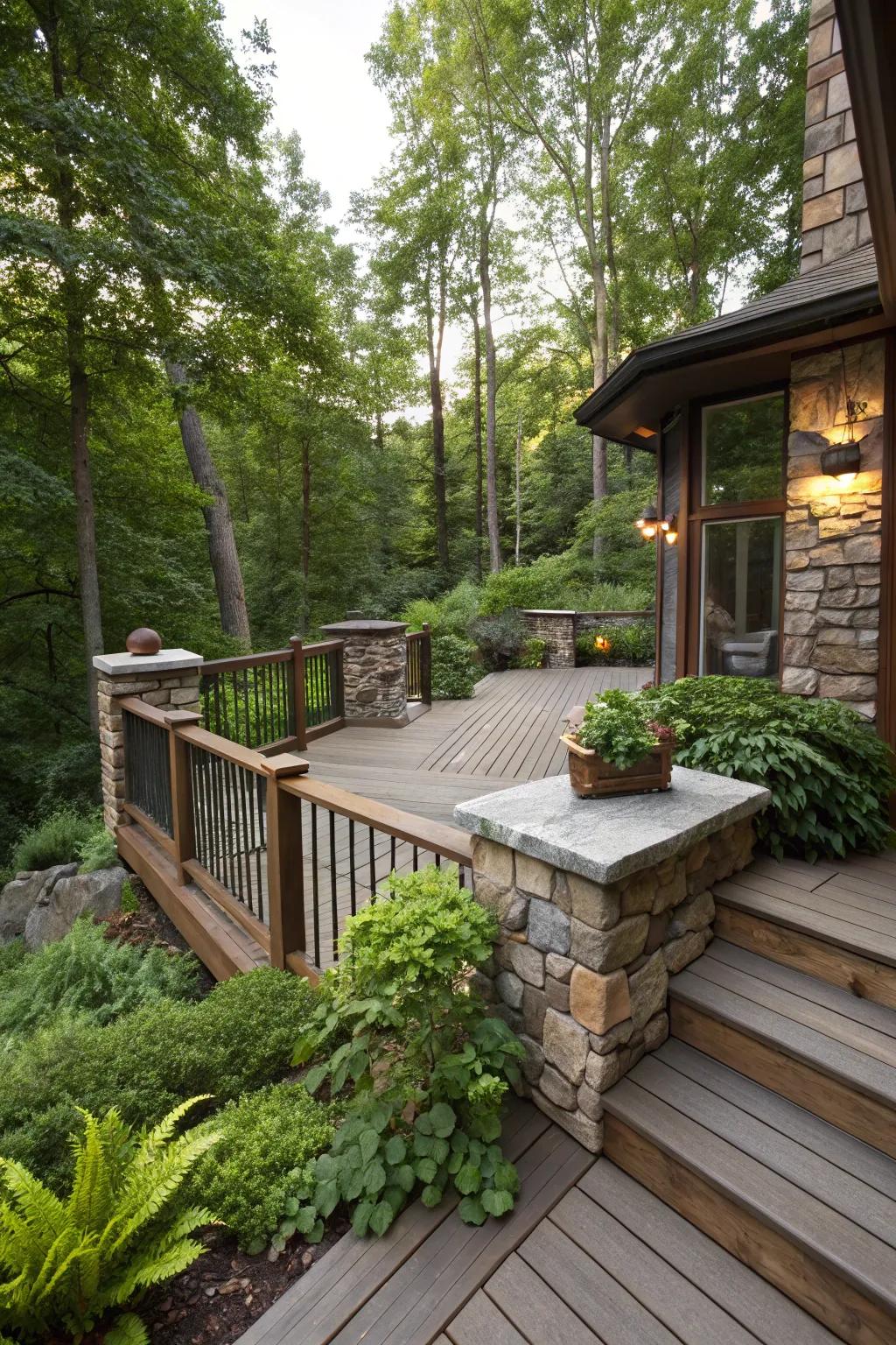 Blend rustic charm with stone accents on your deck.