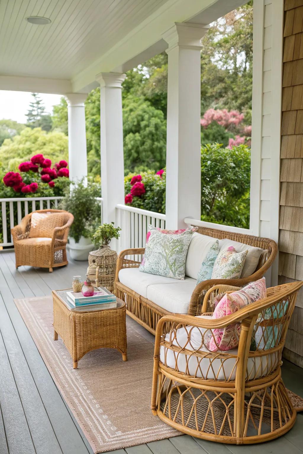 Natural materials enhance the outdoor feel of the porch.