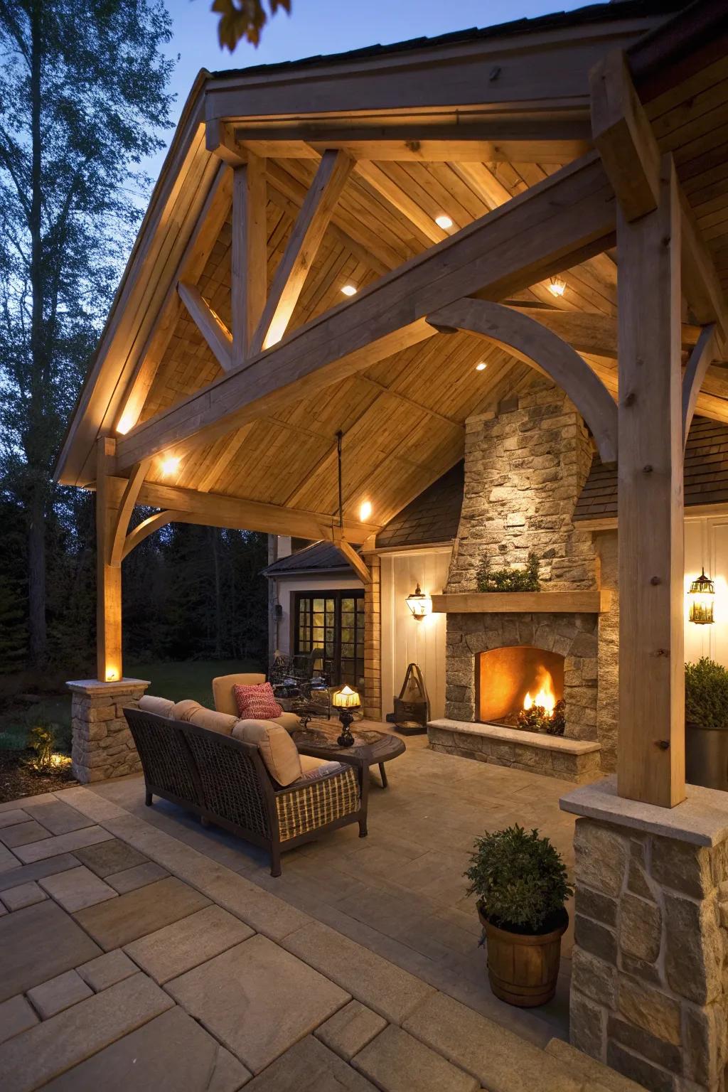 A fireplace adds warmth and ambiance to the porch.