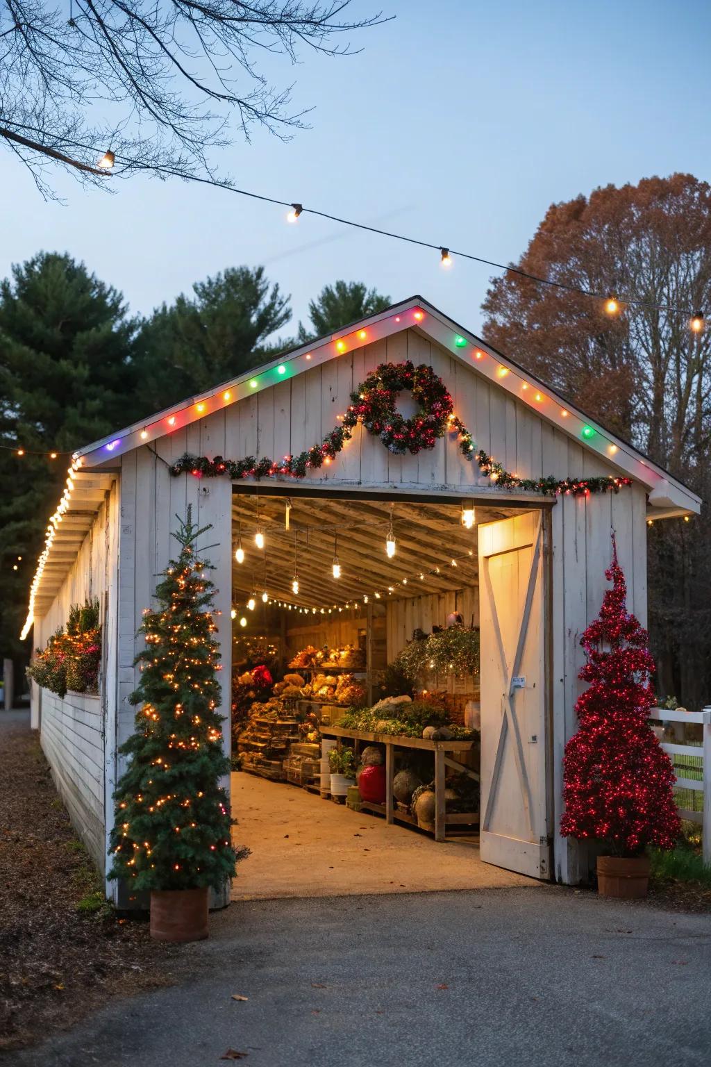 A festive seasonal display in an open shed.