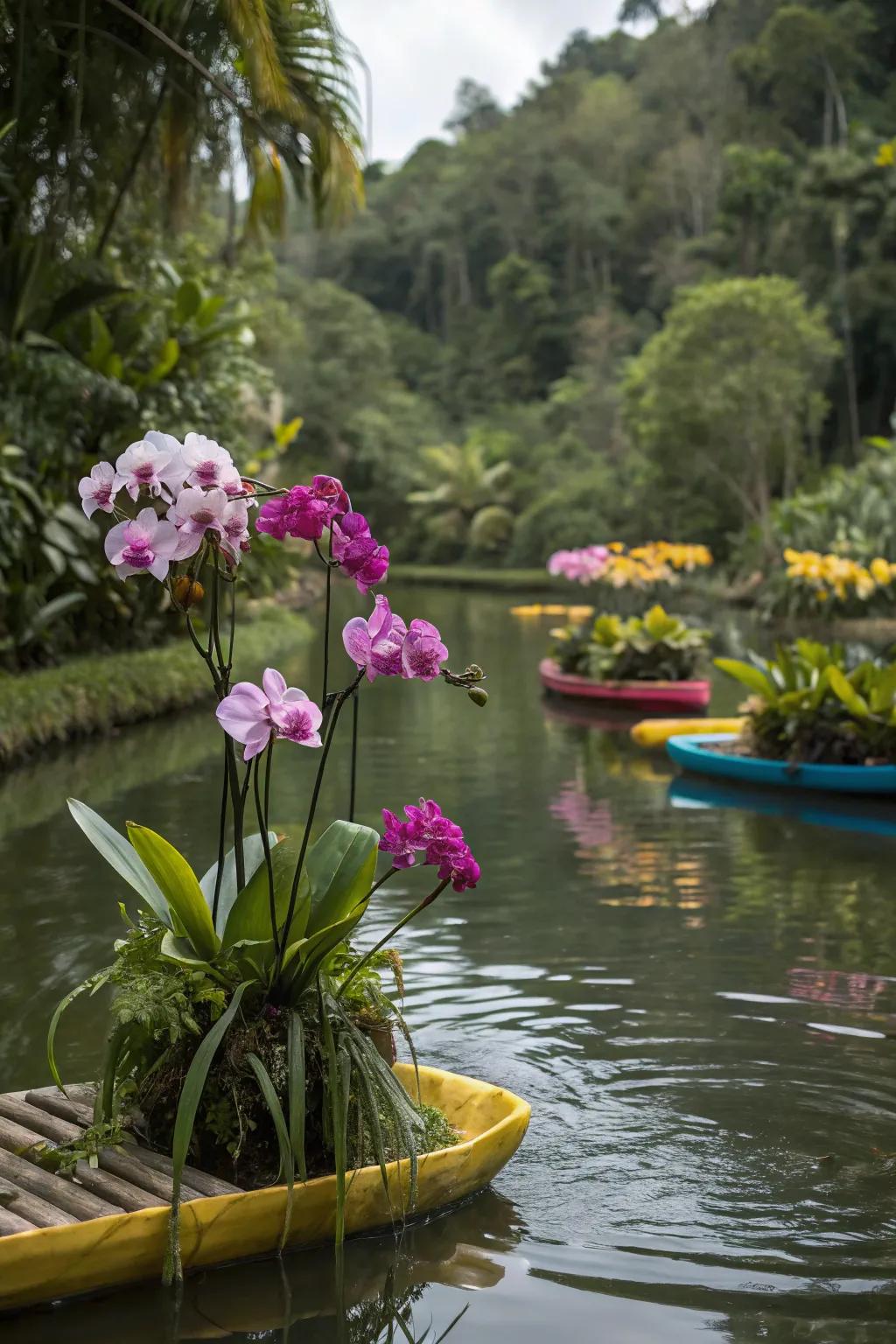 Floating orchid rafts add a whimsical touch to water gardens.