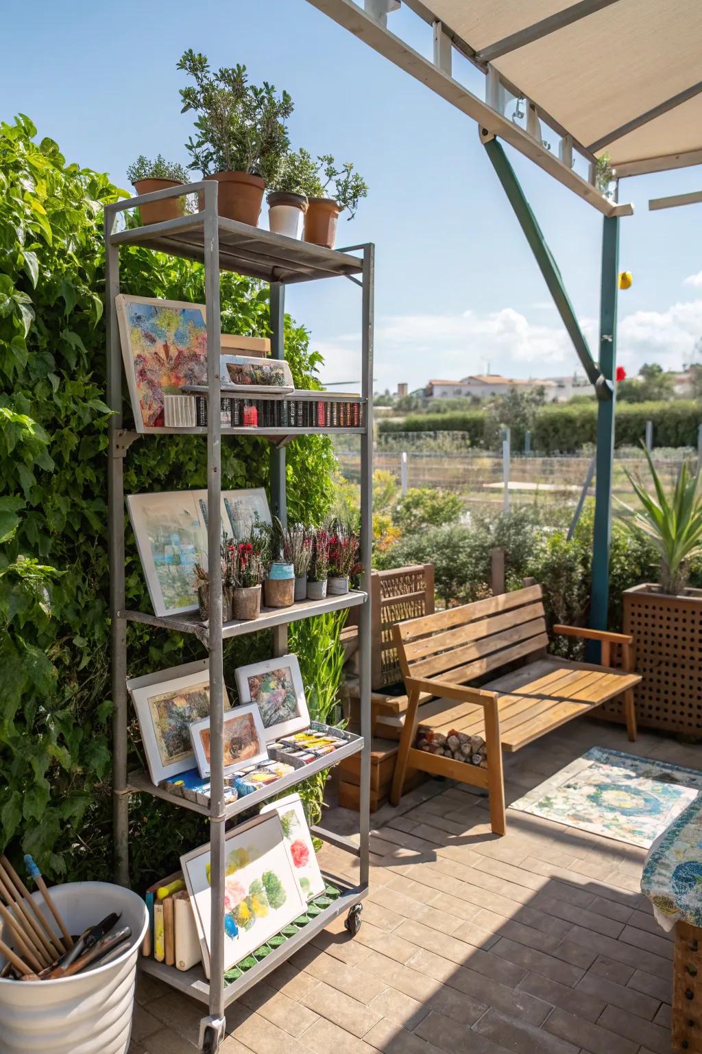 A creative art studio on a baker's rack, merging art with the outdoors.