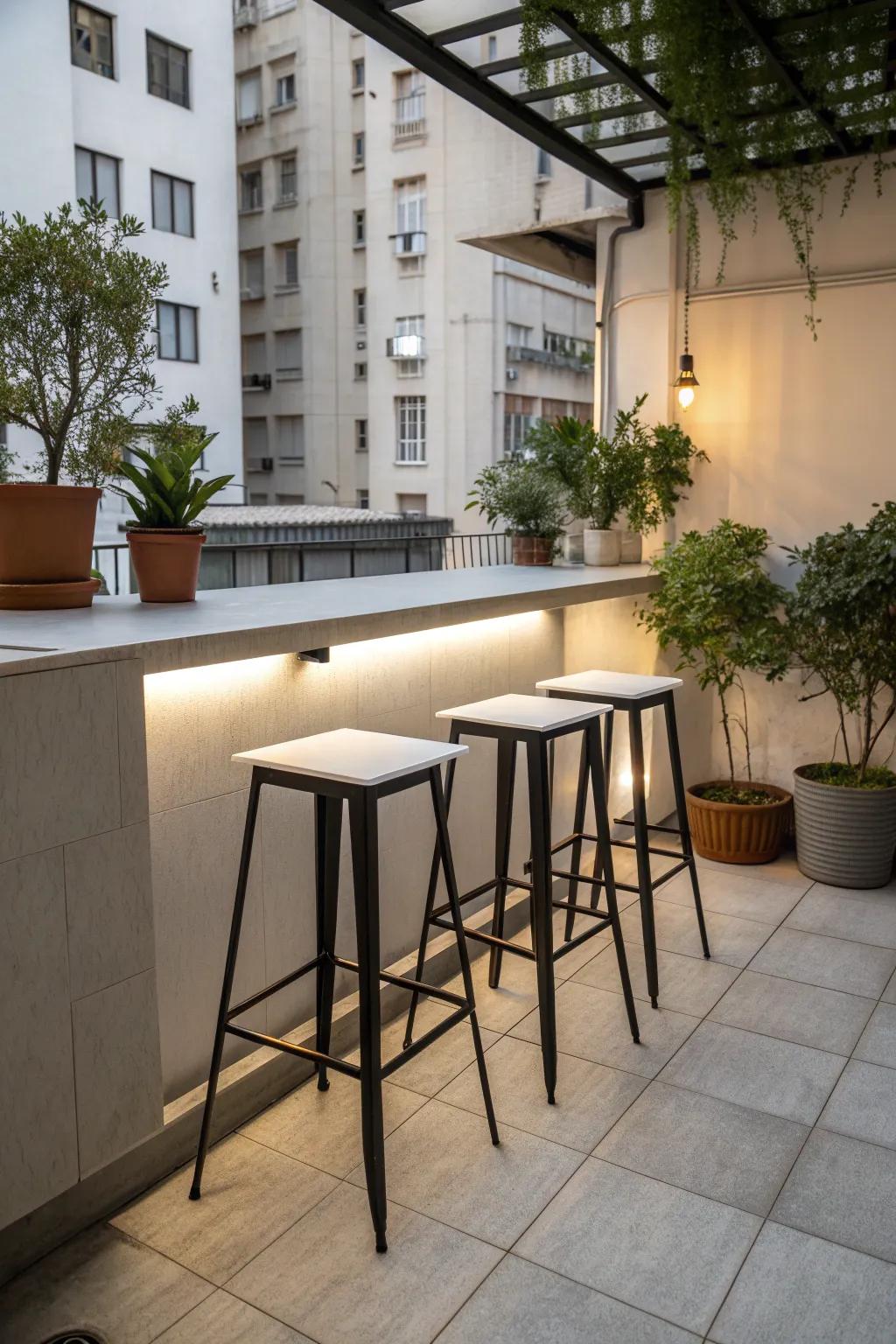 A minimalist high-top bar offers a modern and sleek design.