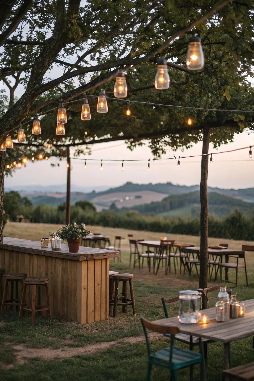 Mason jar lights add a rustic, personalized touch.