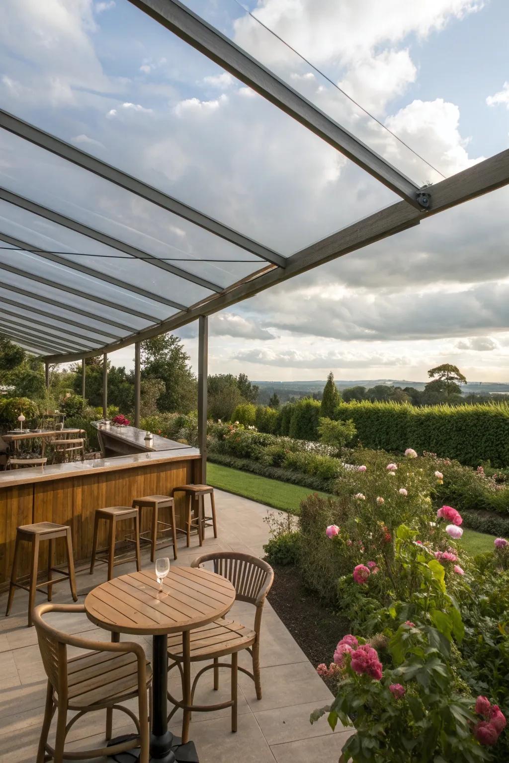 A transparent polycarbonate roof offers protection with a view.