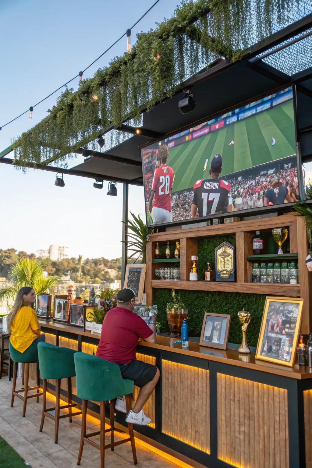 A paradise for sports fans, complete with memorabilia and a big screen.