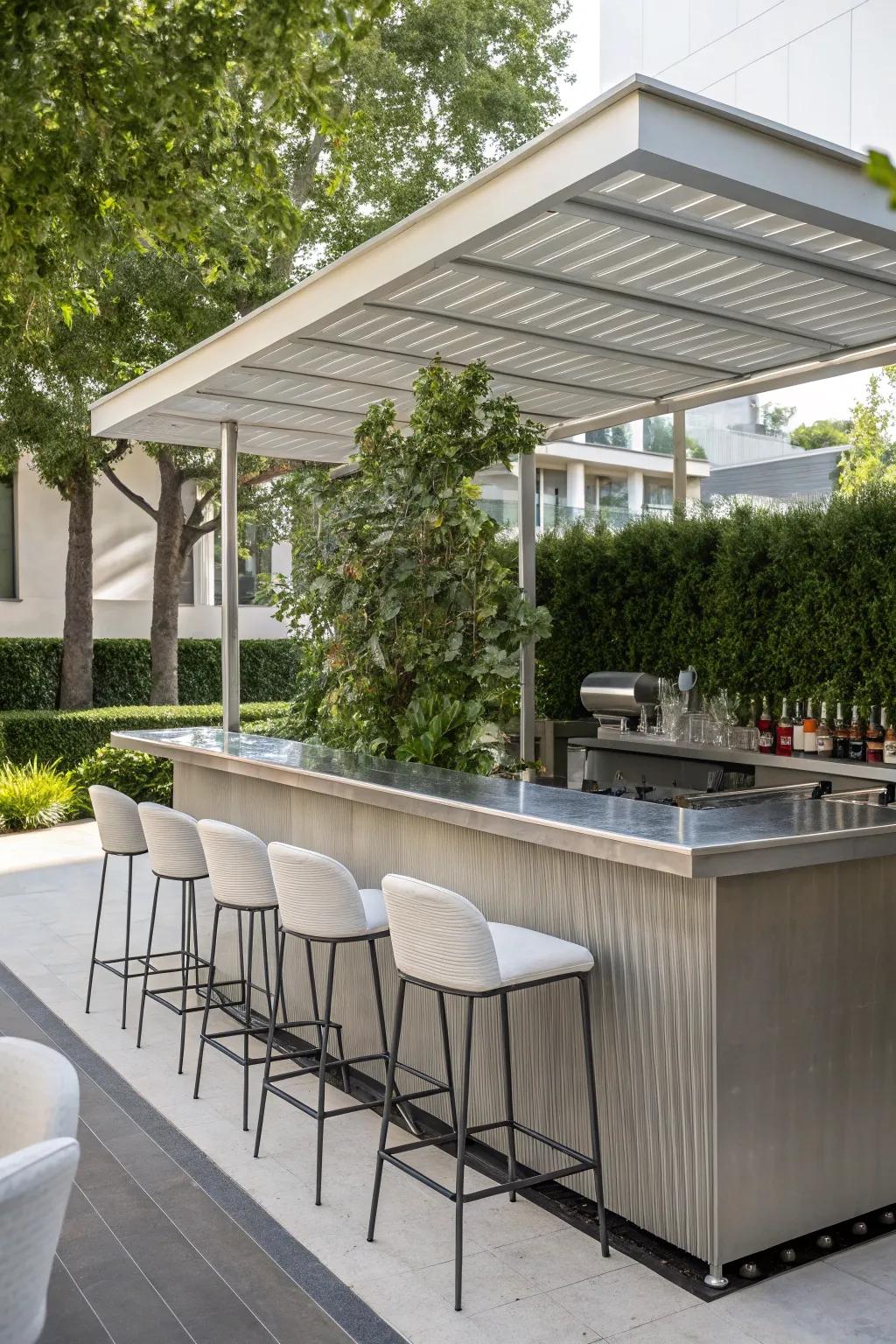 Professional chic with a stainless steel bartop.
