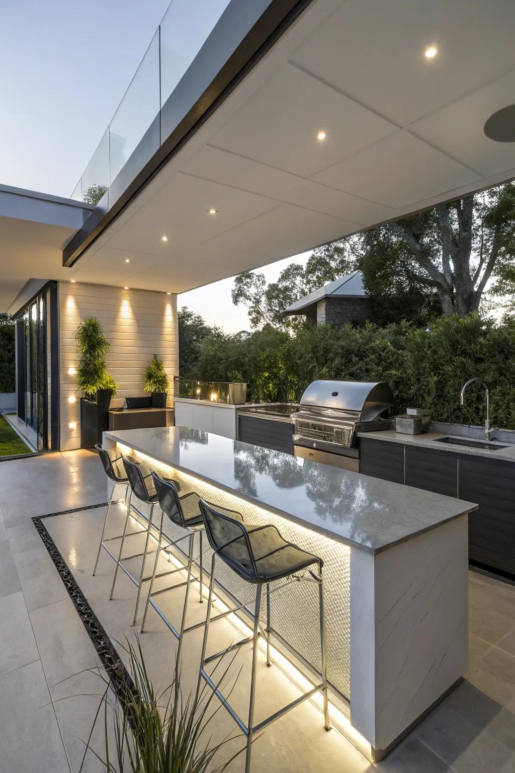 Glass countertops offer a contemporary surprise.