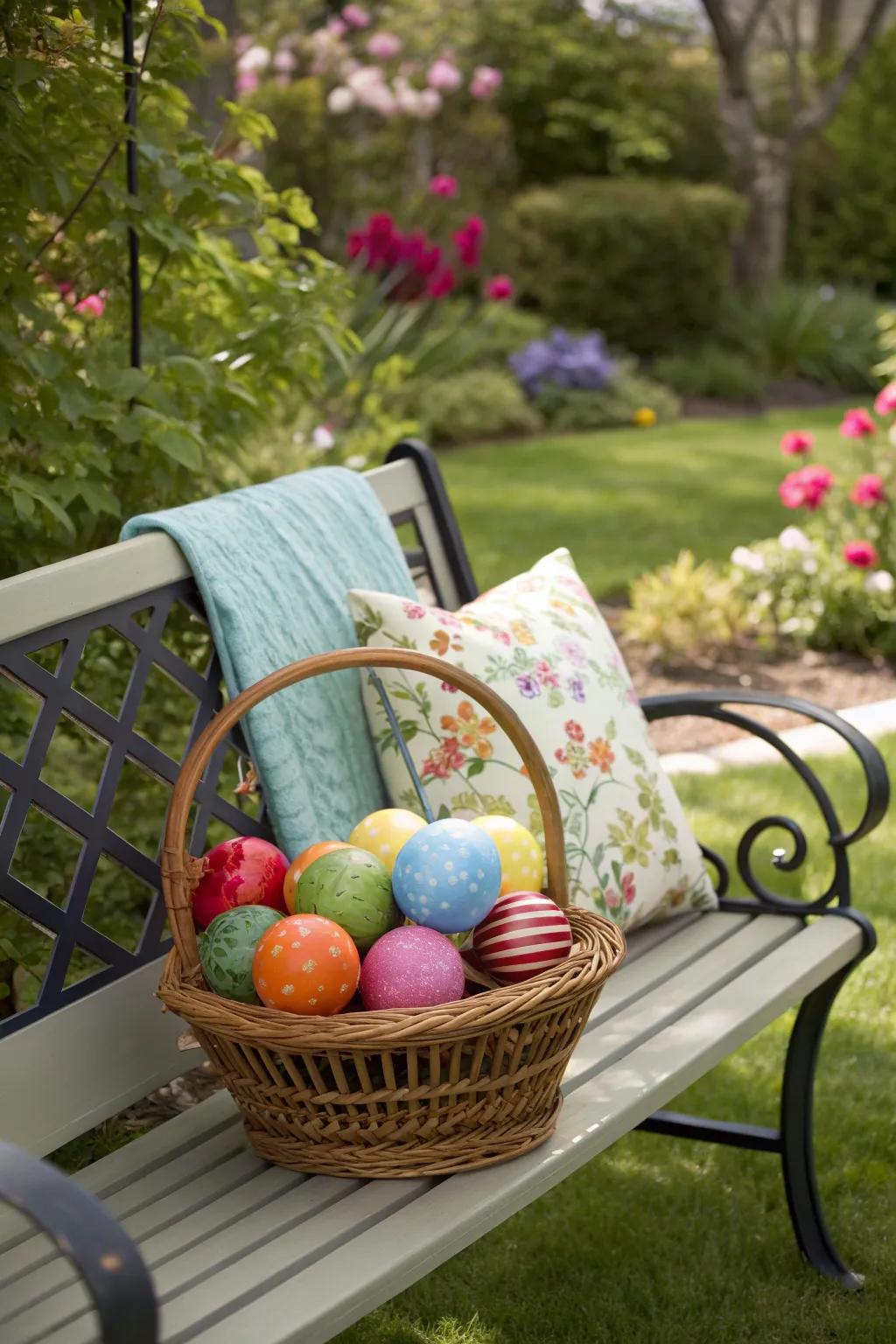 A basket of ornaments brings bold color and fun.