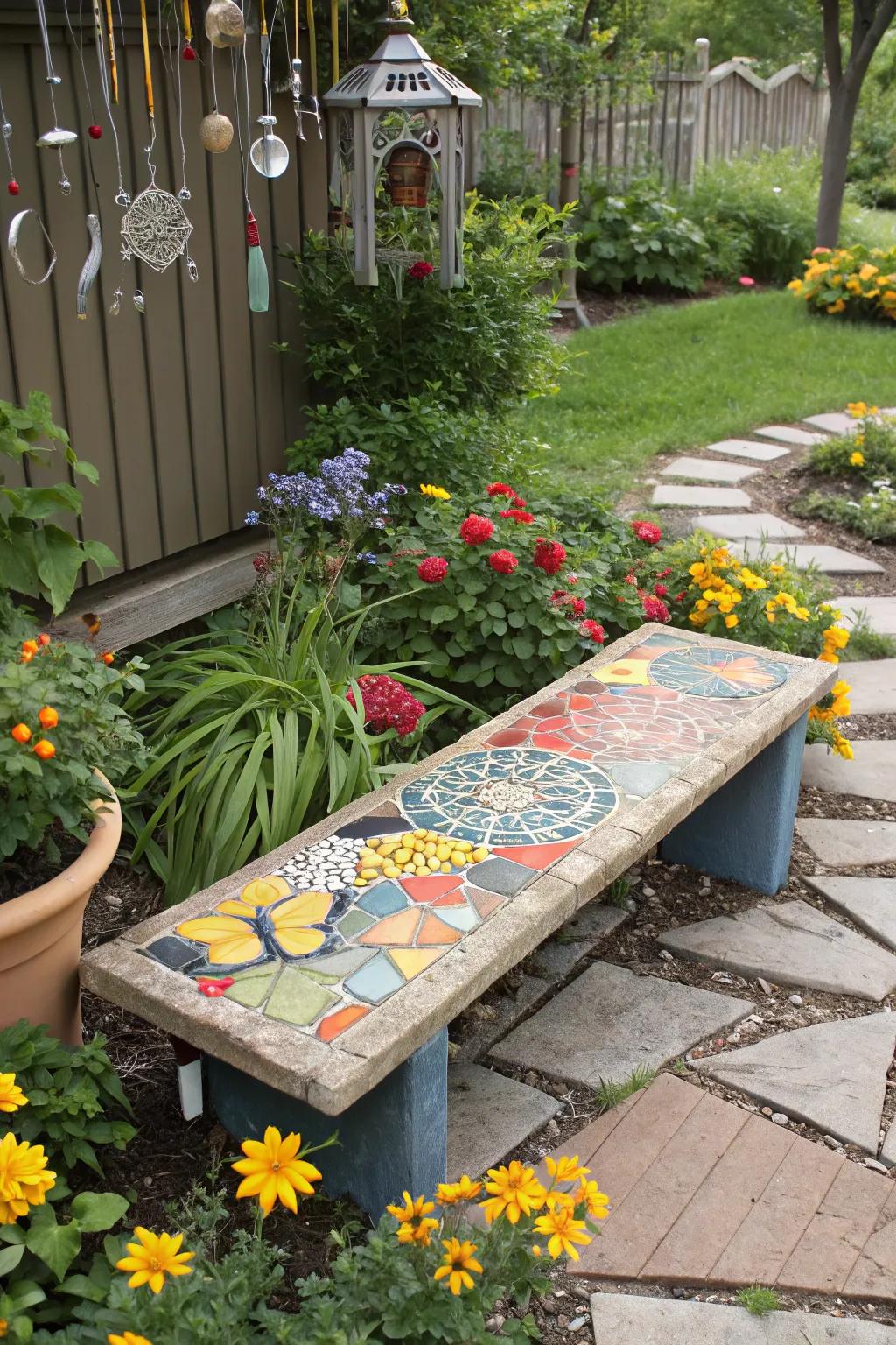 A DIY mosaic bench, adding vibrant color to the garden.