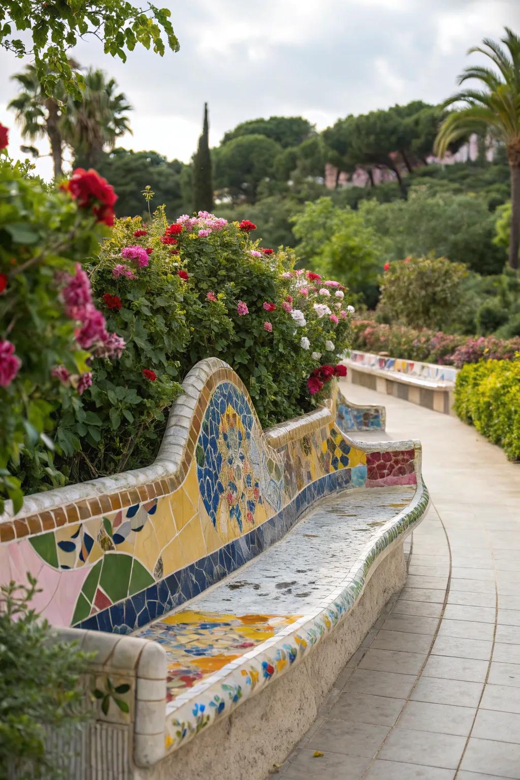 Mosaic benches add a splash of color and artistry to any garden.