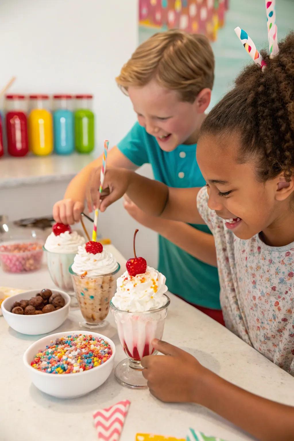 Kids eagerly creating their own ice cream sundaes with a variety of toppings.