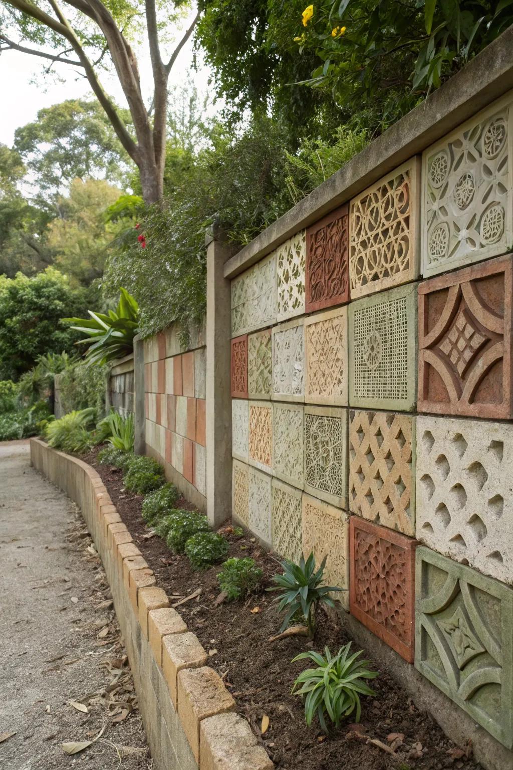 A textured breeze block wall adding depth to a garden