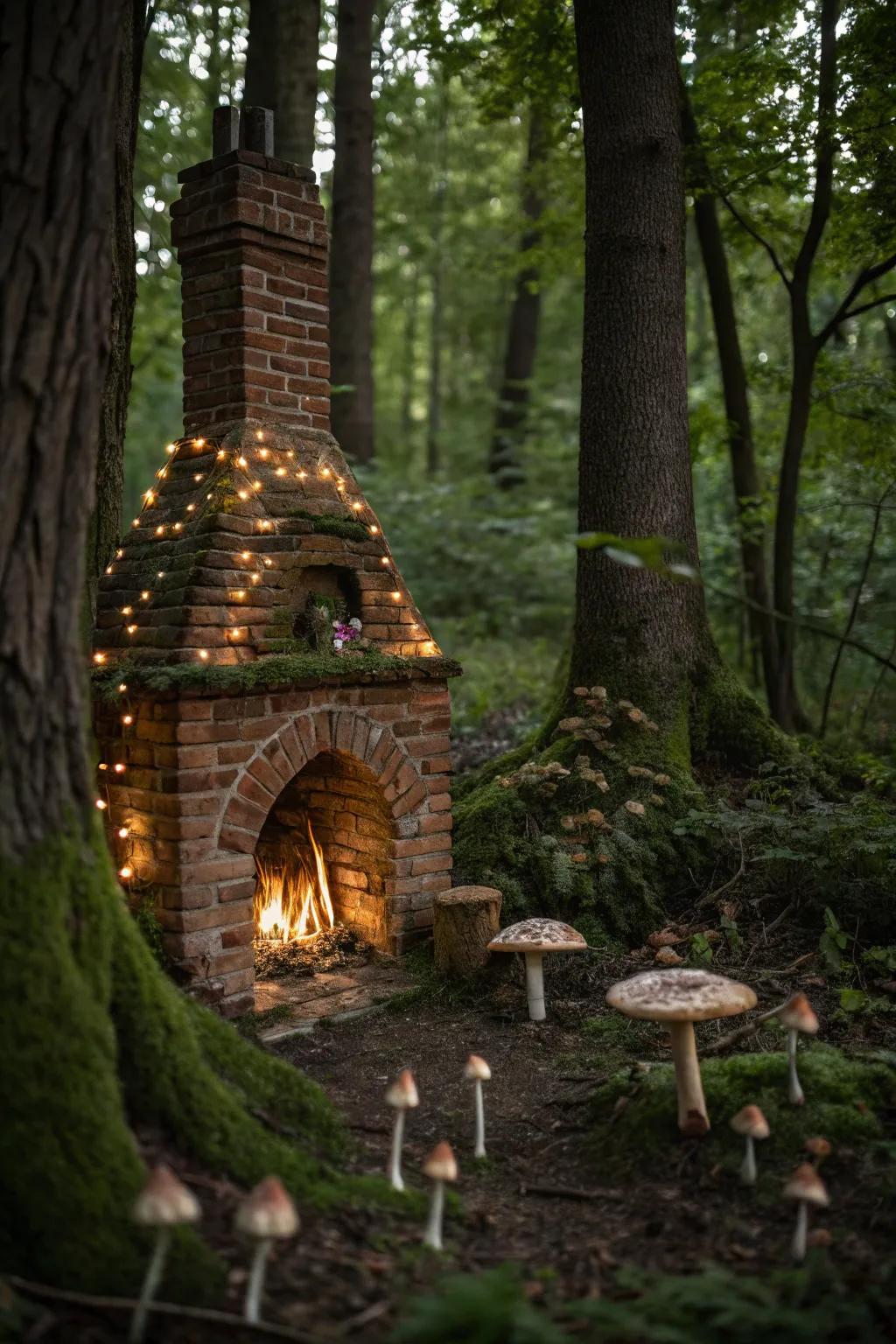 A magical fairy tale ambiance with a whimsical brick fireplace.
