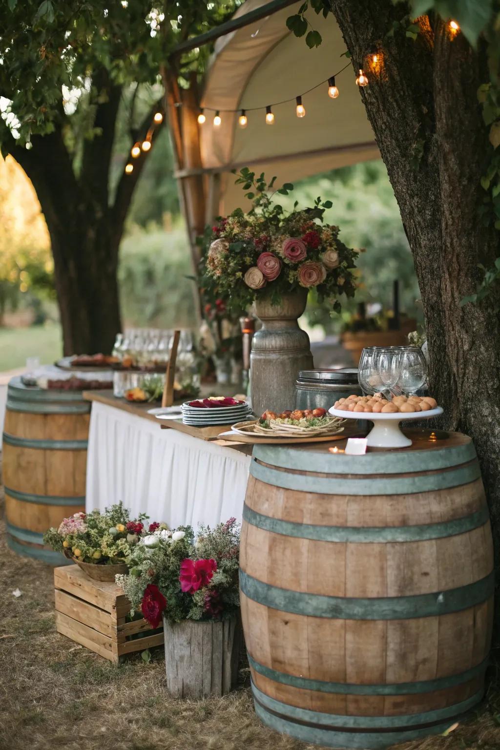 Rustic charm with a farmhouse-style wine barrel buffet.