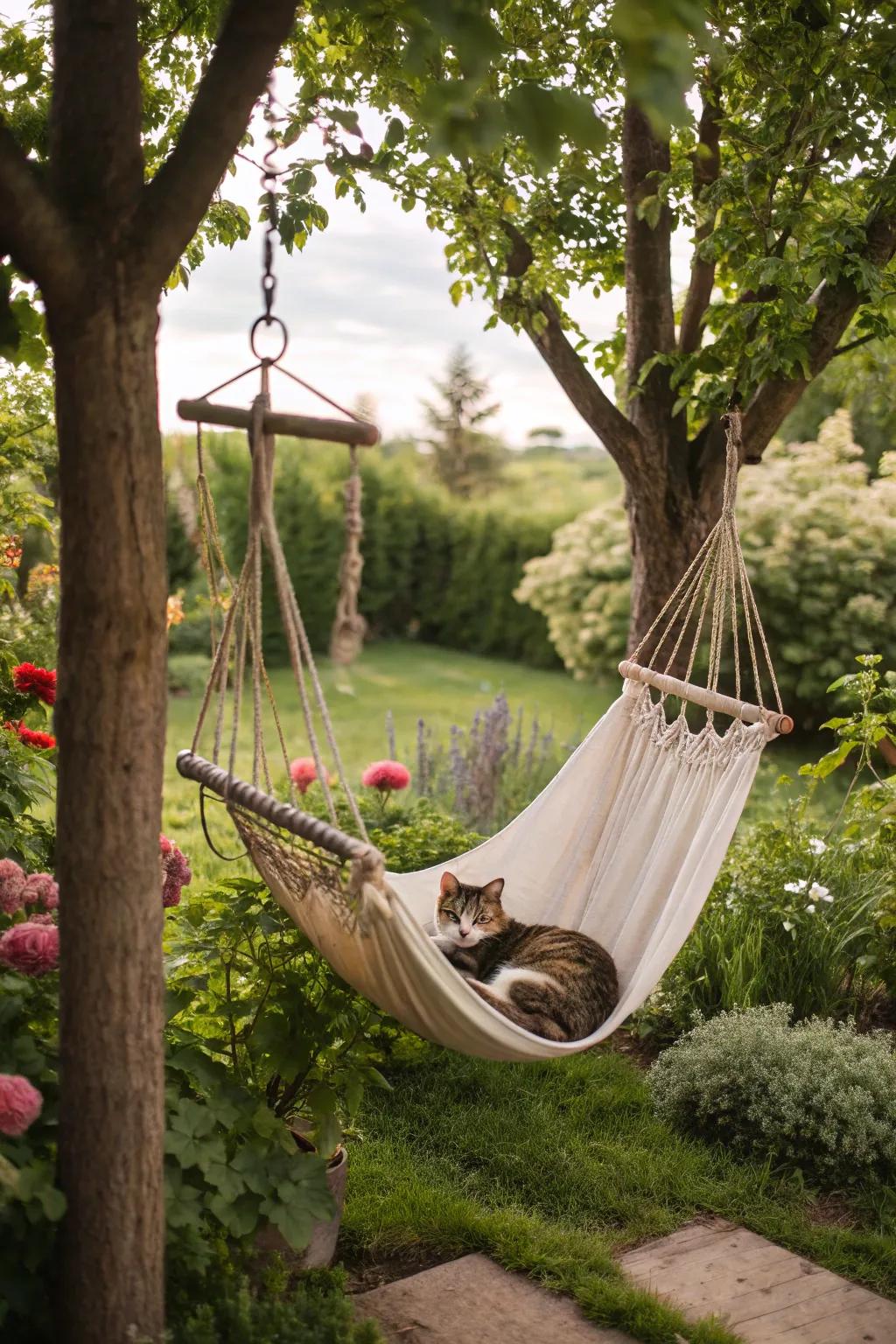 Outdoor hammocks add a playful, swinging retreat for cats.