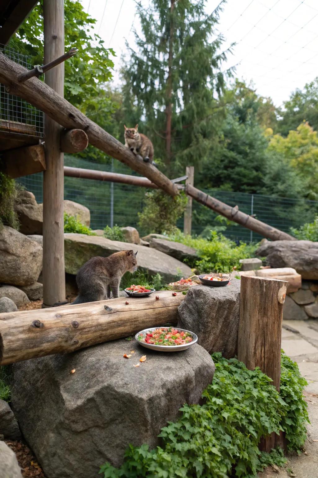 A feeding station beautifully integrated with natural elements.