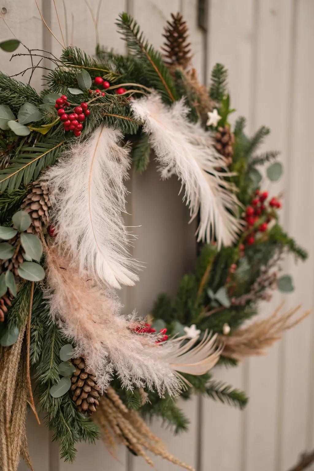 Whimsical wreath accented with soft feathers.