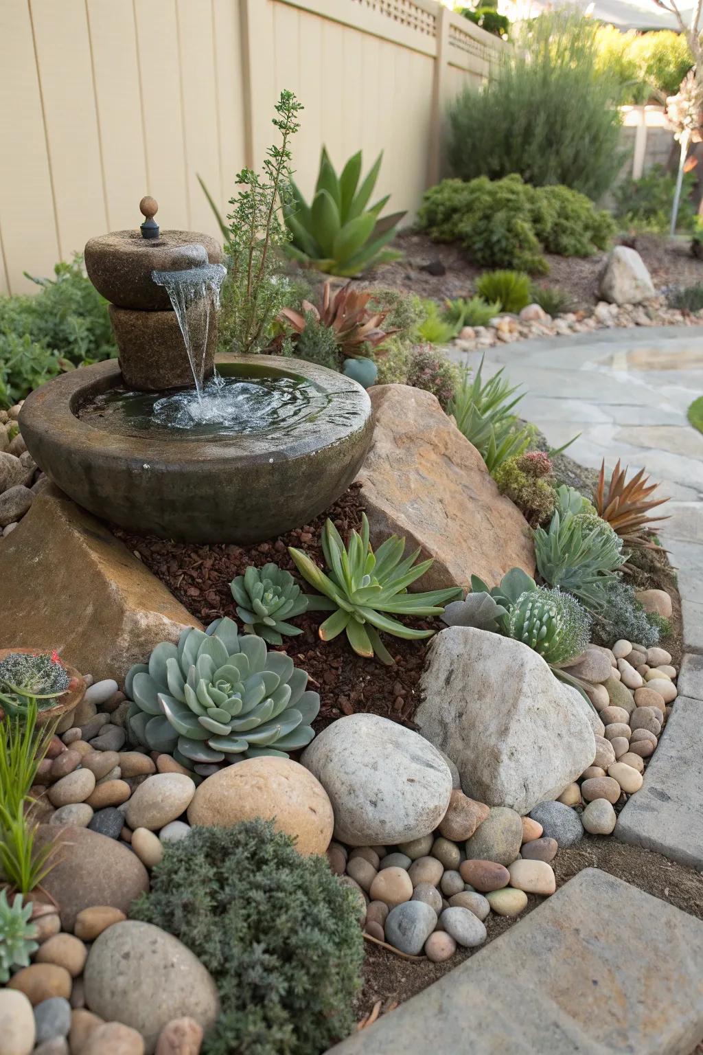 Combine fountains with rock gardens for a natural look.