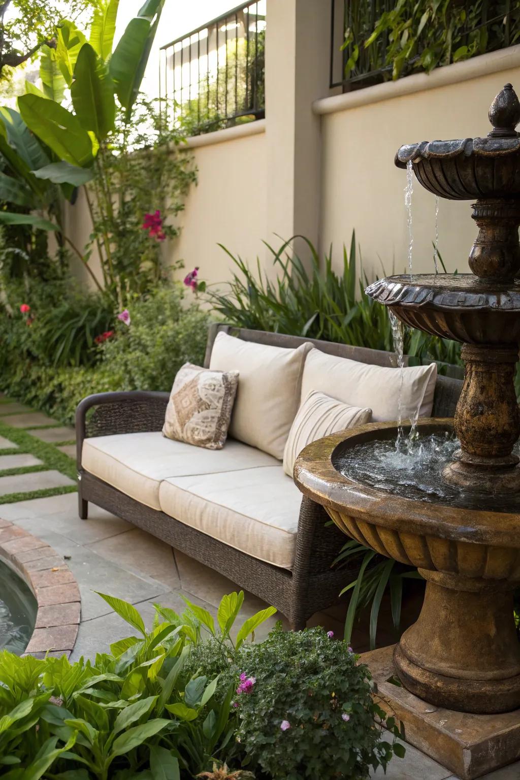 Create a serene atmosphere with a calming water feature.
