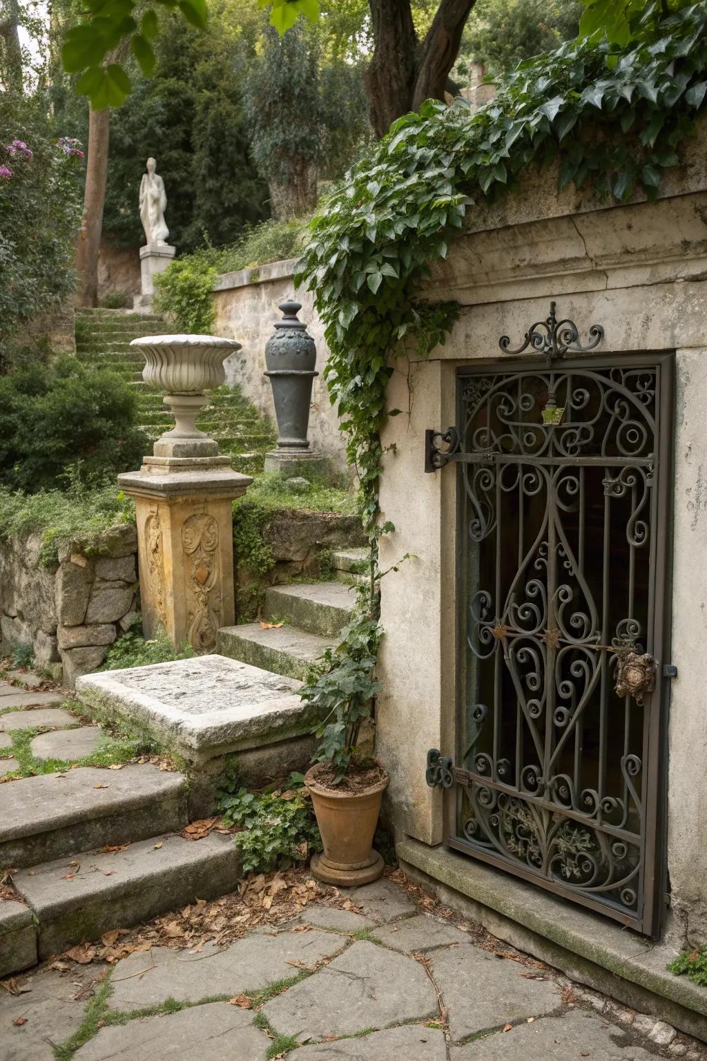 Timeless elegance with vintage ironwork accents.