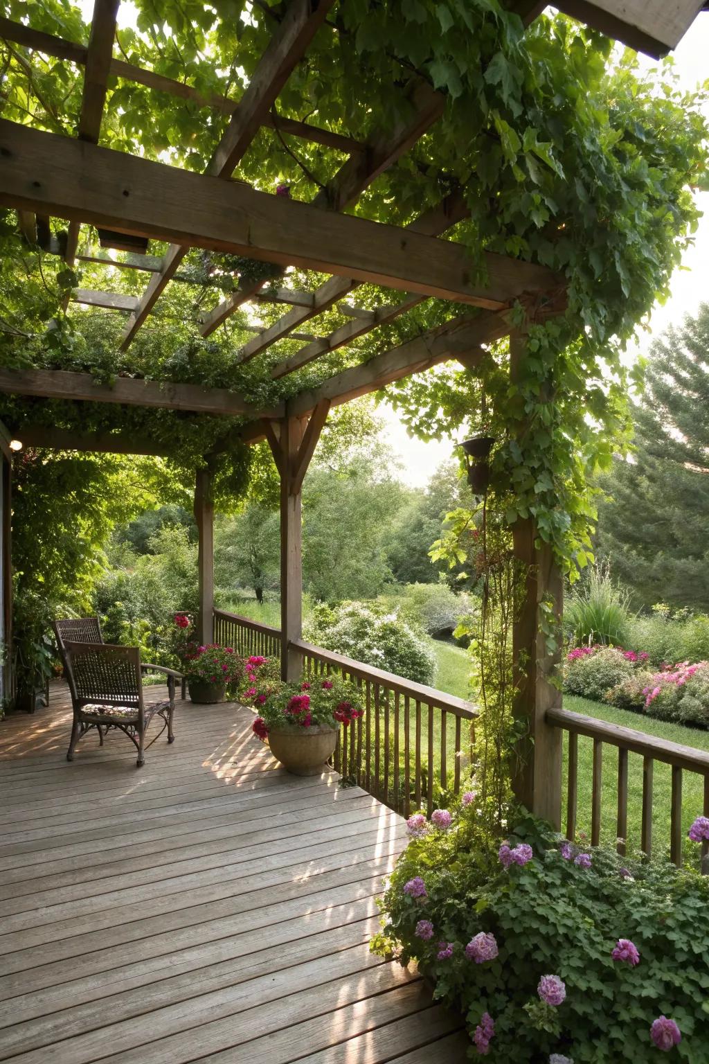 A pergola with climbing vines for natural beauty.