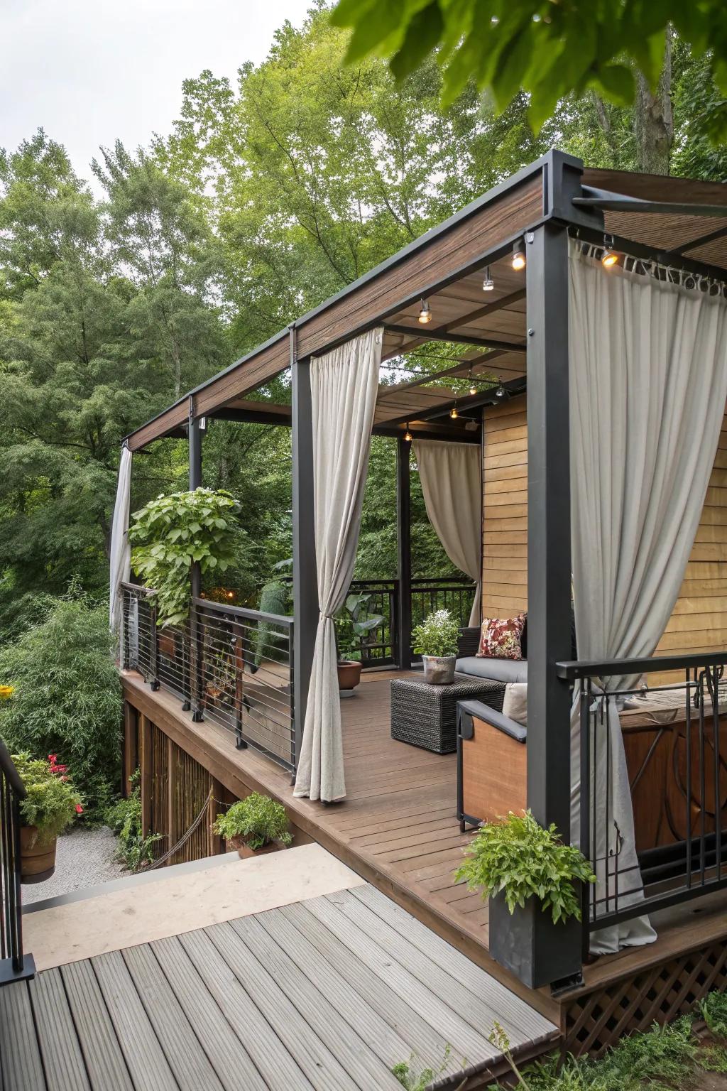 A mix of materials provides a modern and unique privacy solution.