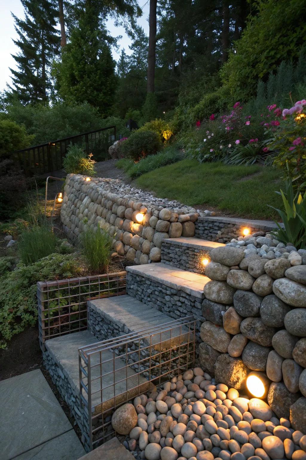 Gabion steps combine metal and stone for a striking effect.