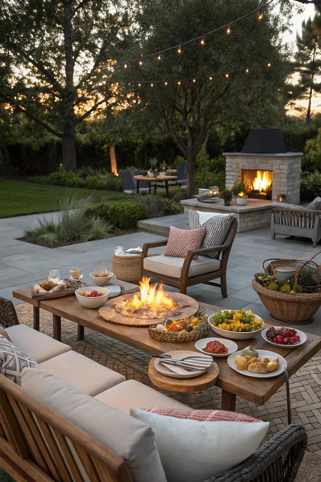 A cozy fire pit feast perfect for storytelling and grilling.