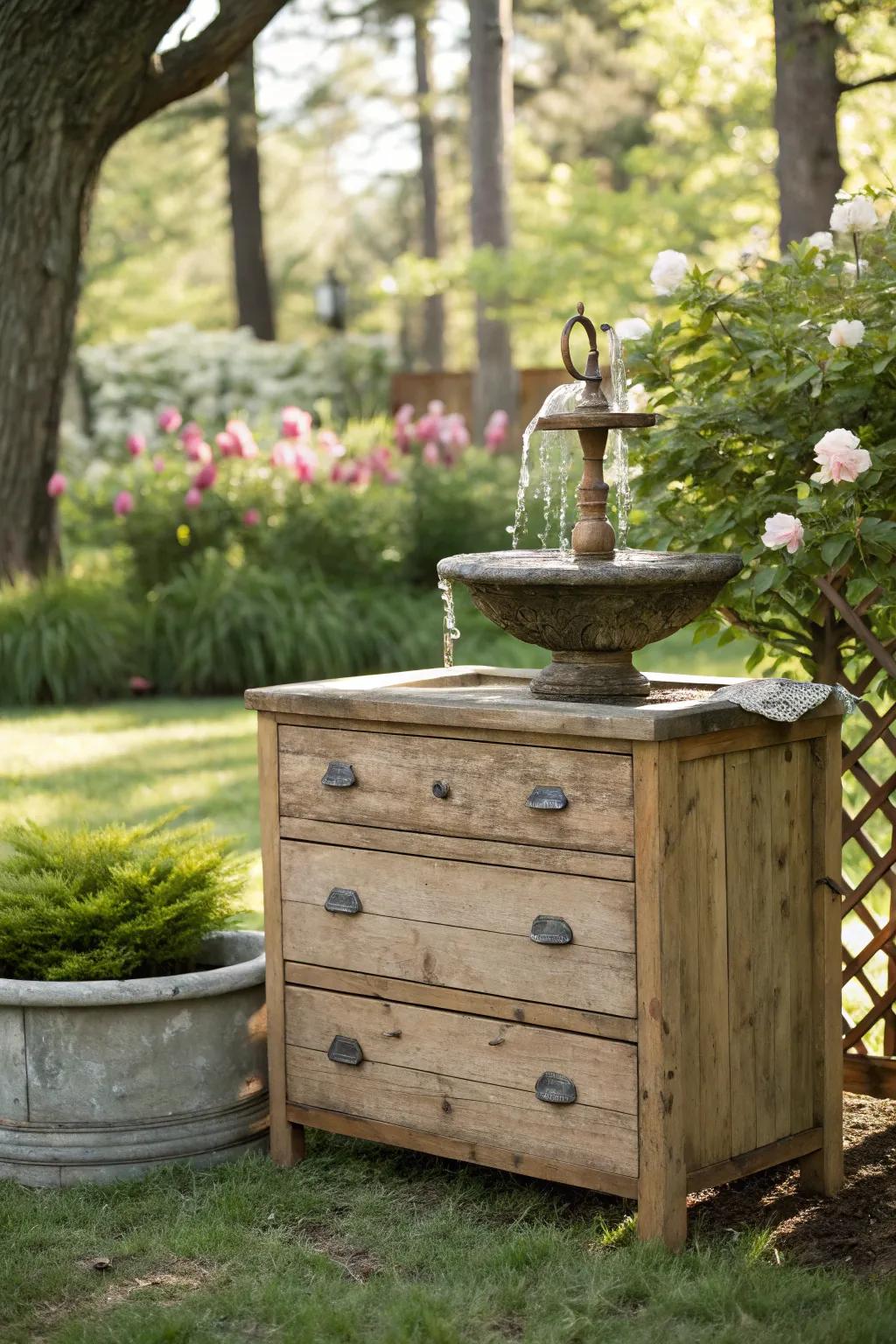A calming water feature sitting atop a dresser in the garden.