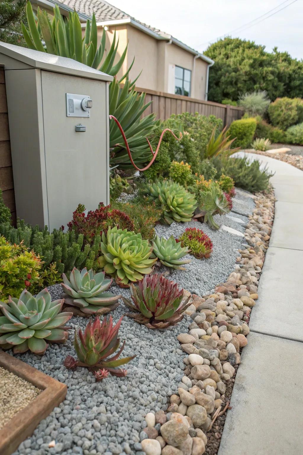 Gravel gardens offer a stylish and low-maintenance way to hide utility boxes.