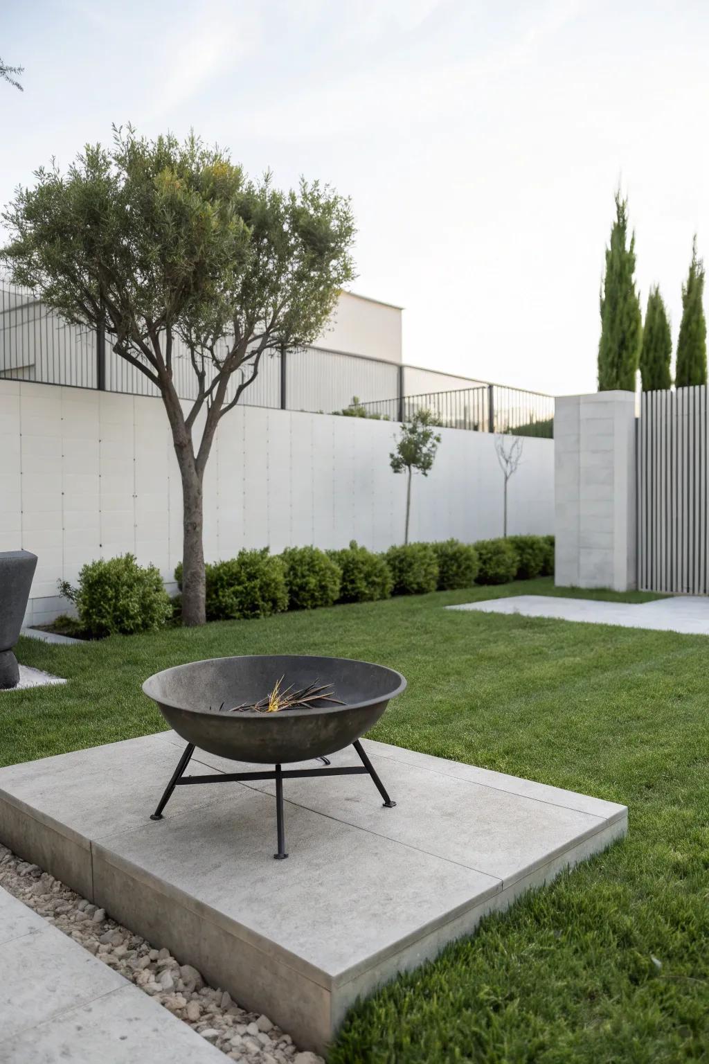 A minimalist metal fire pit provides a sleek and modern aesthetic.