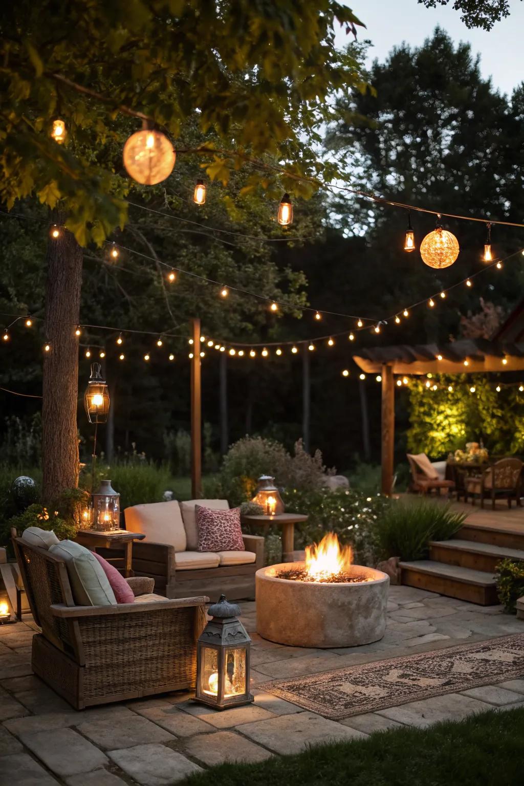 Ambient lighting transforms your fire pit area into a cozy nighttime retreat.