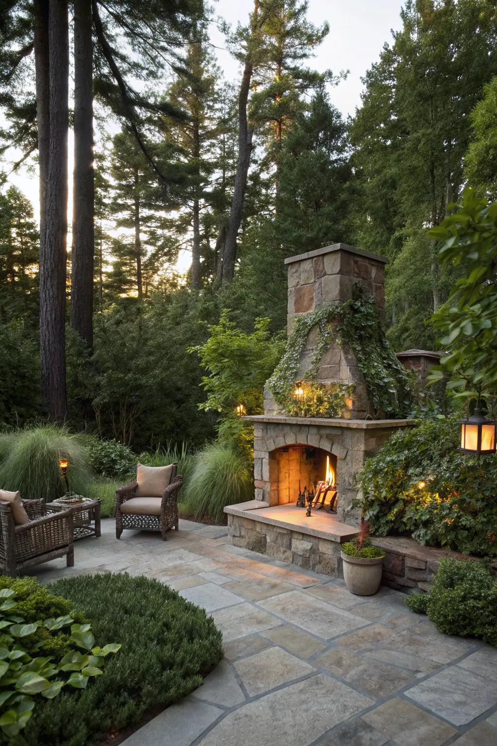 An open-air fireplace that harmonizes with the surrounding natural landscape.