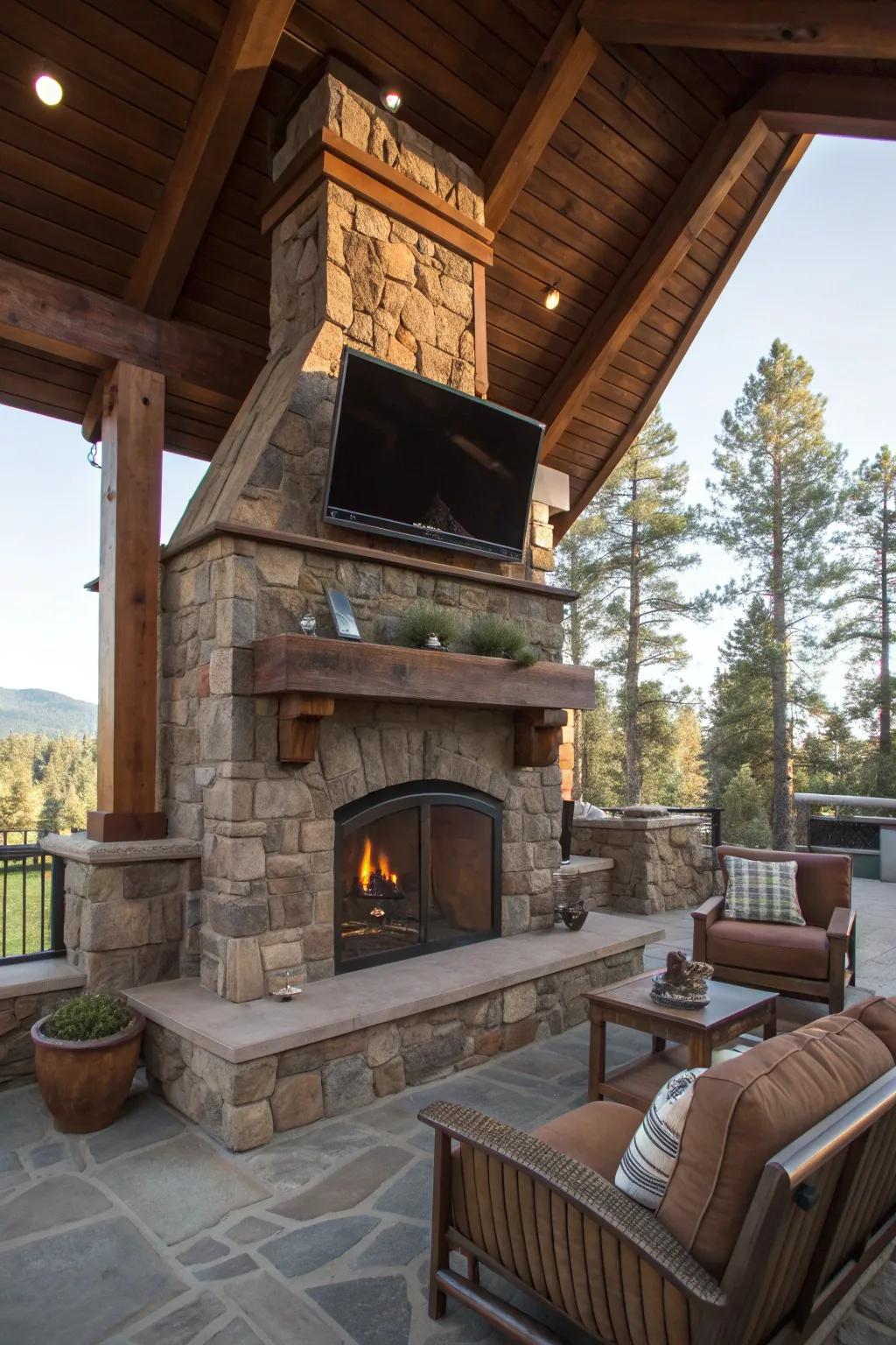 A mountain lodge retreat in your own backyard, combining rustic elements with modern entertainment.