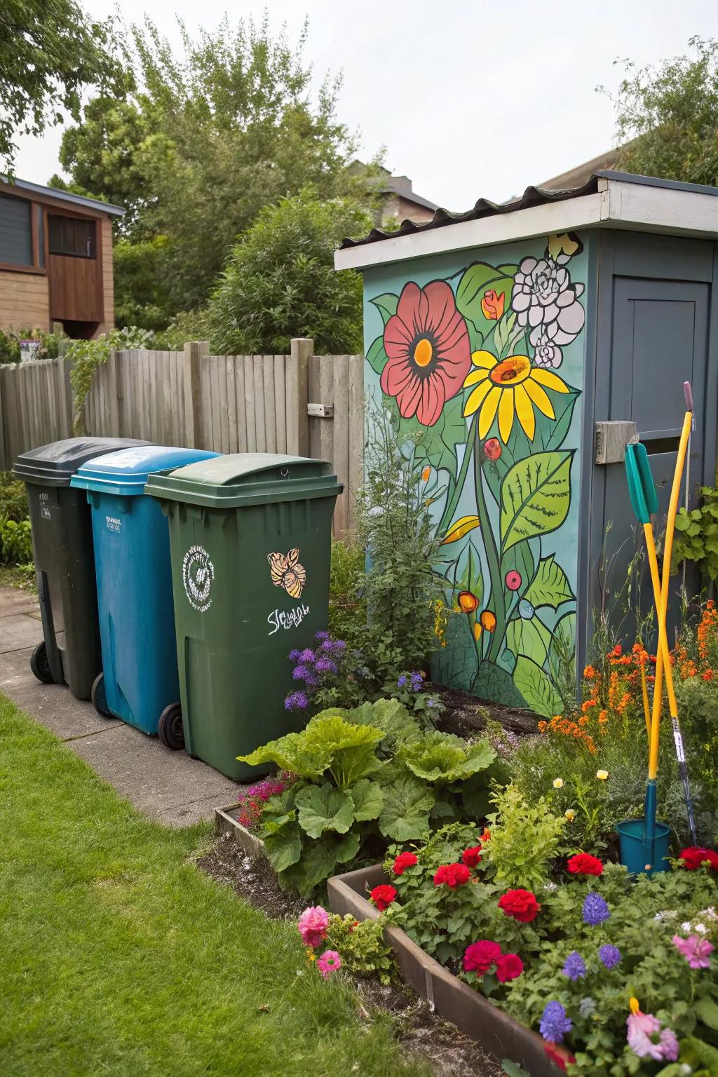 Outdoor art cleverly disguises garbage bins, turning them into an artistic feature.
