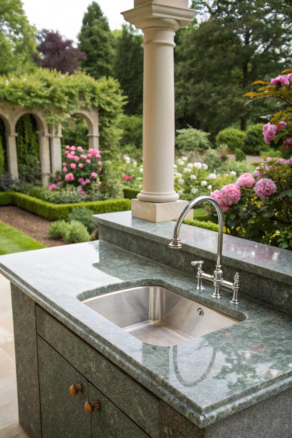 Achieve a sleek garden look with a granite worktop sink.