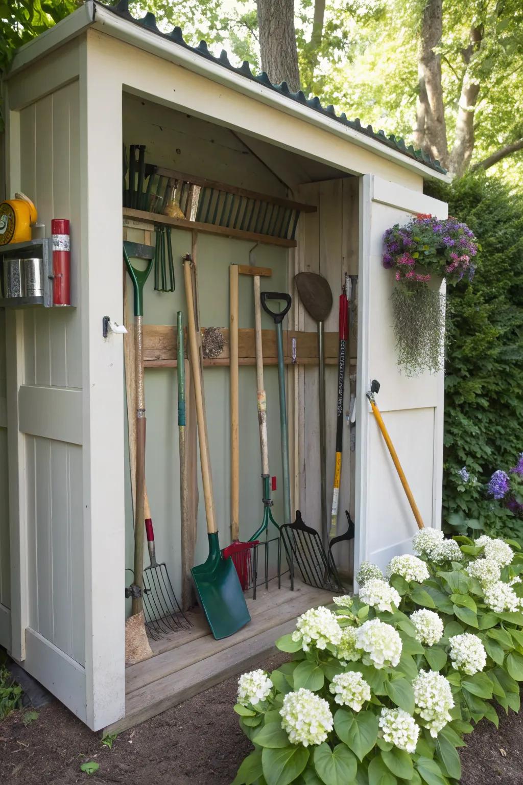 Overhead racks are perfect for storing long-handled tools.